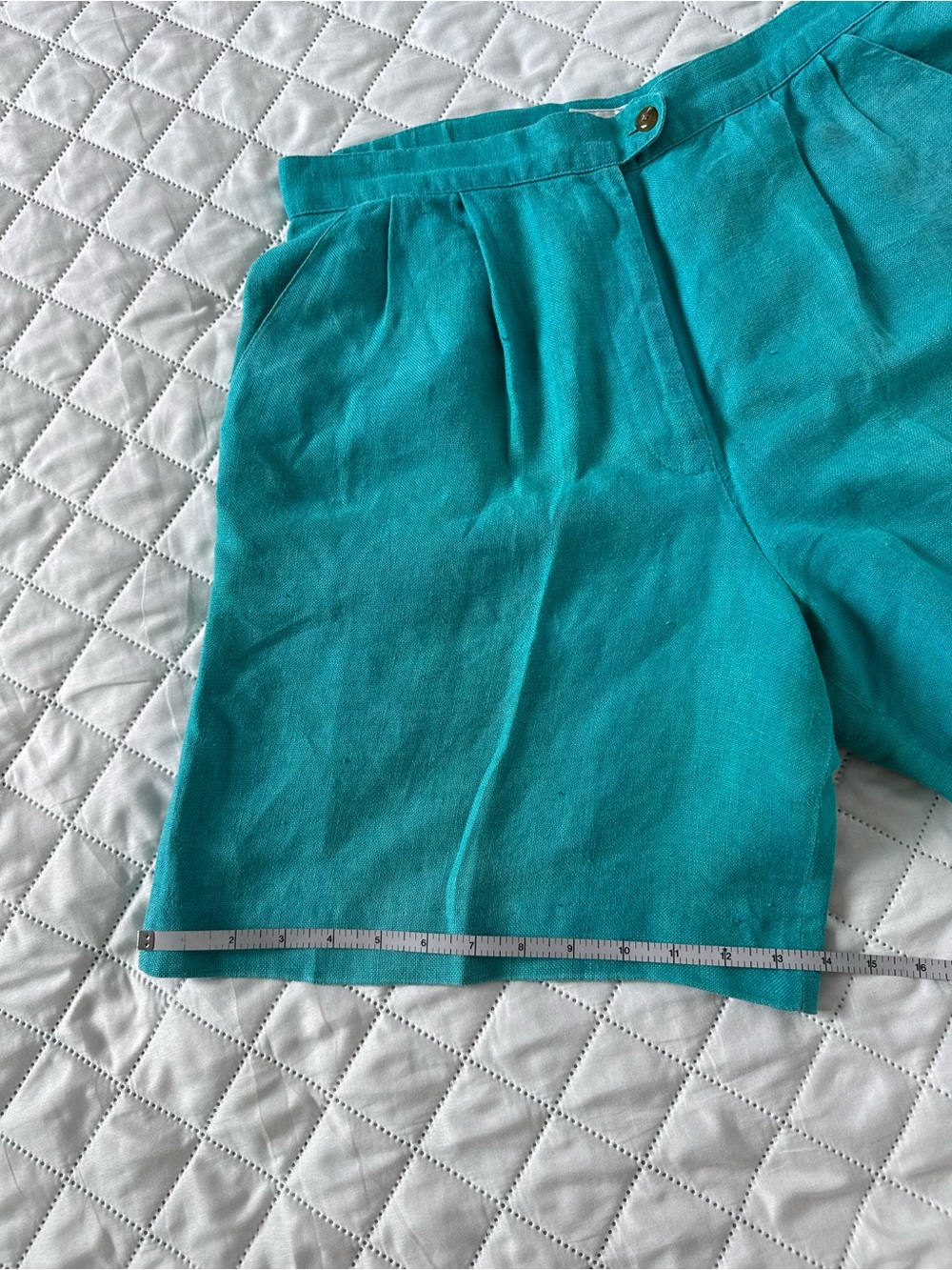 Vintage Jennifer Moore Linen Shorts Teal Green High Waist L Pleated 90s Resort - Picture 11 of 11